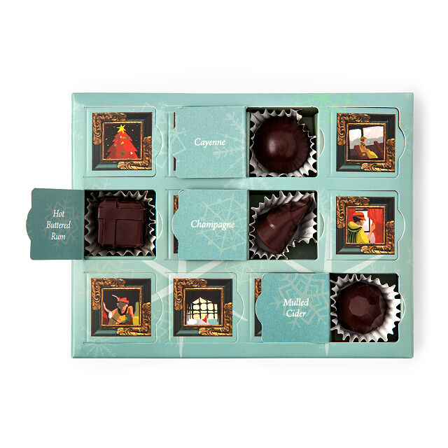 12 Days of Holiday Chocolates - an open box of advent chocolates with alcohol flavors