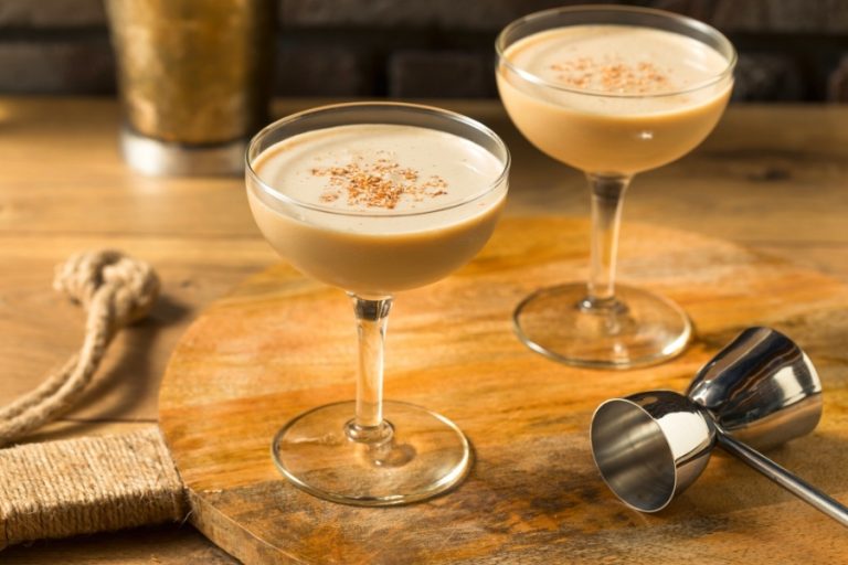 2 martini style glasses with Brandy Alexander cocktail