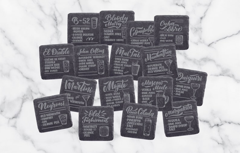 slate cocktail drink coasters with recipes etched in on Etsy
