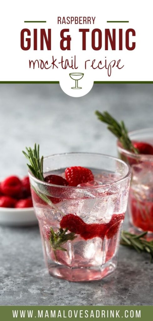 Glasses with transparent liquid, raspberries, and rosemary with text: raspberry gin and tonic mocktail