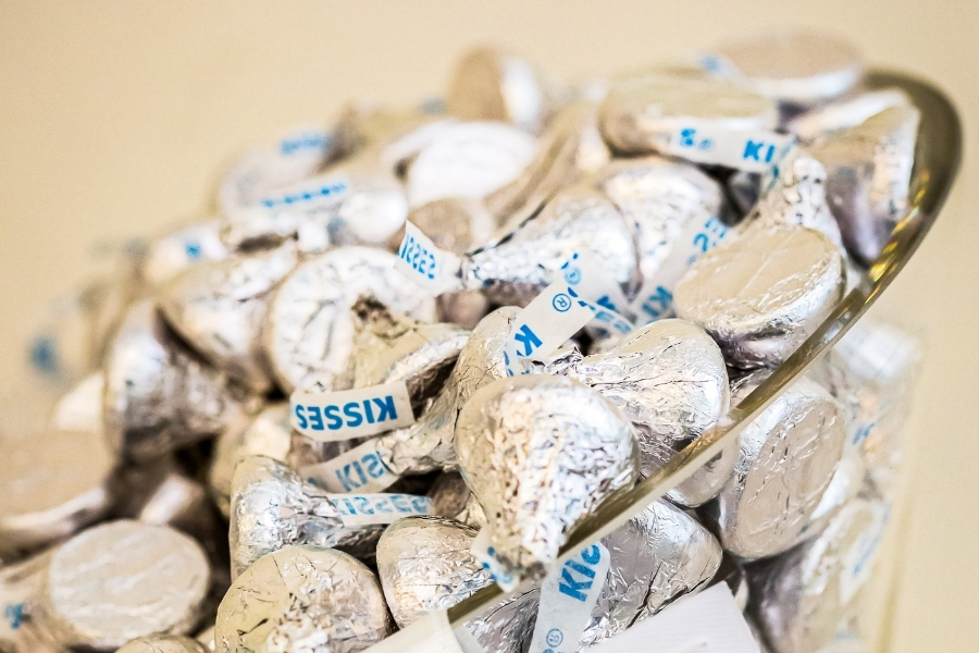 a bowl of Hershey's Kisses to be matched with wine