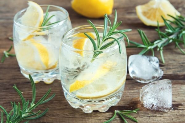 A close up of a virgin gin and tonic with lemon slices and stick of rosemary