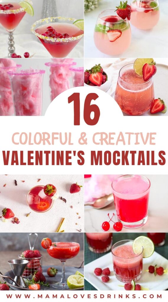 collage or red and pink colored non-alcoholic drinks for valetniens day